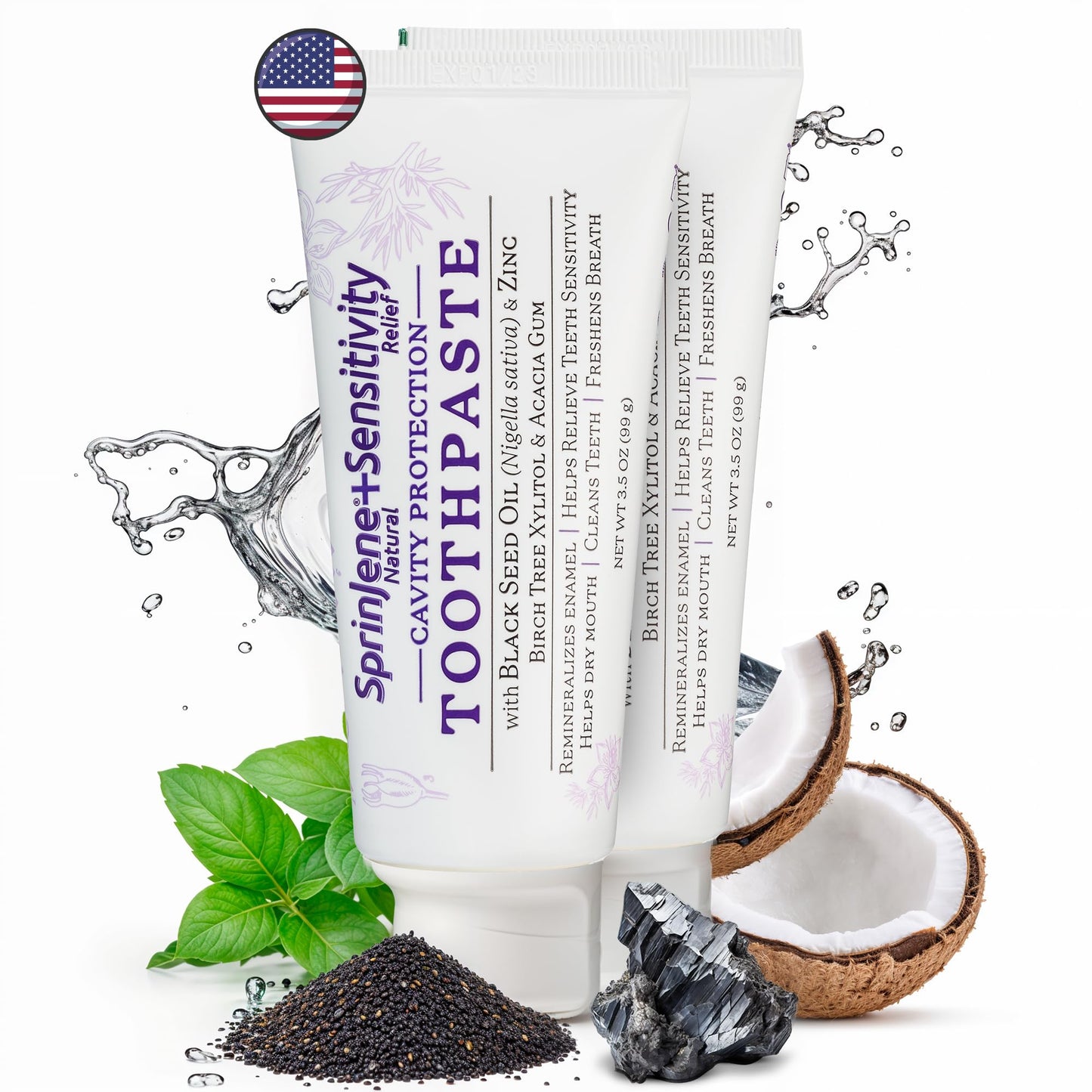 SprinJene Natural Sensitivity Relief Toothpaste – Fluoride for Sensitive Teeth – USA Made (2 Pack)