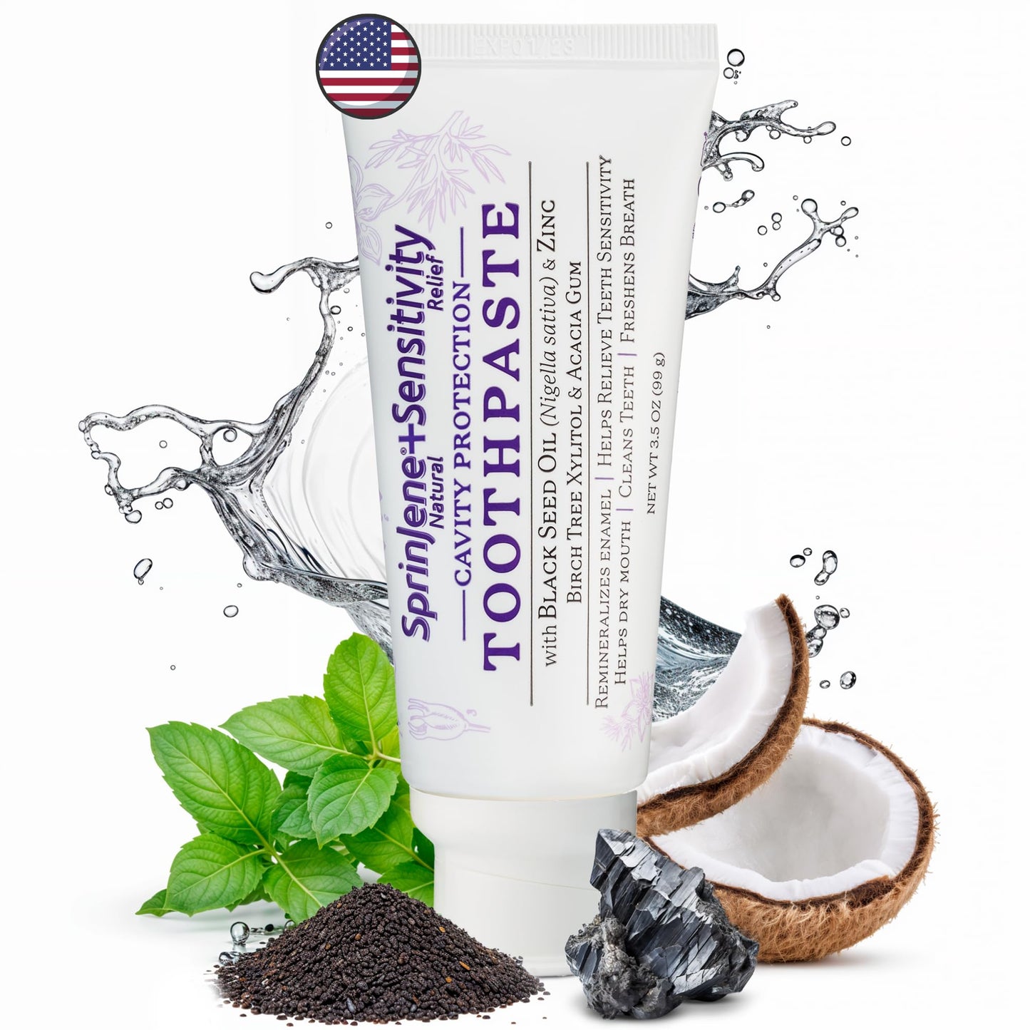 SprinJene Natural Sensitivity Relief Toothpaste – Fluoride for Sensitive Teeth, Cavity Protection, SLS Free – Black Seed Oil & Zinc – Made in USA (1 Pack)