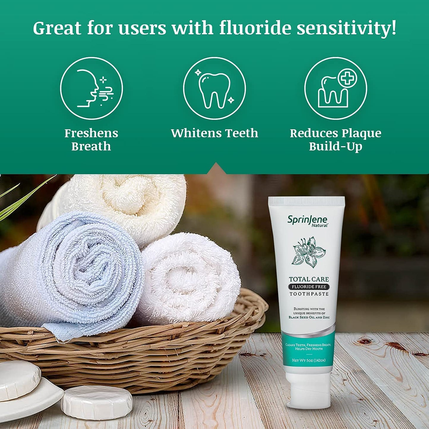 SprinJene Natural Total Care Fluoride Free Toothpaste – Patented Formula with Black Seed Oil & Zinc – Dry Mouth Toothpaste for Fresh Breath & Strong Teeth – Made in The USA (4 Pack)