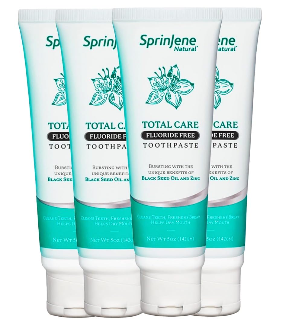 SprinJene Natural Total Care Fluoride Free Toothpaste – Patented Formula with Black Seed Oil & Zinc – Dry Mouth Toothpaste for Fresh Breath & Strong Teeth – Made in The USA (4 Pack)
