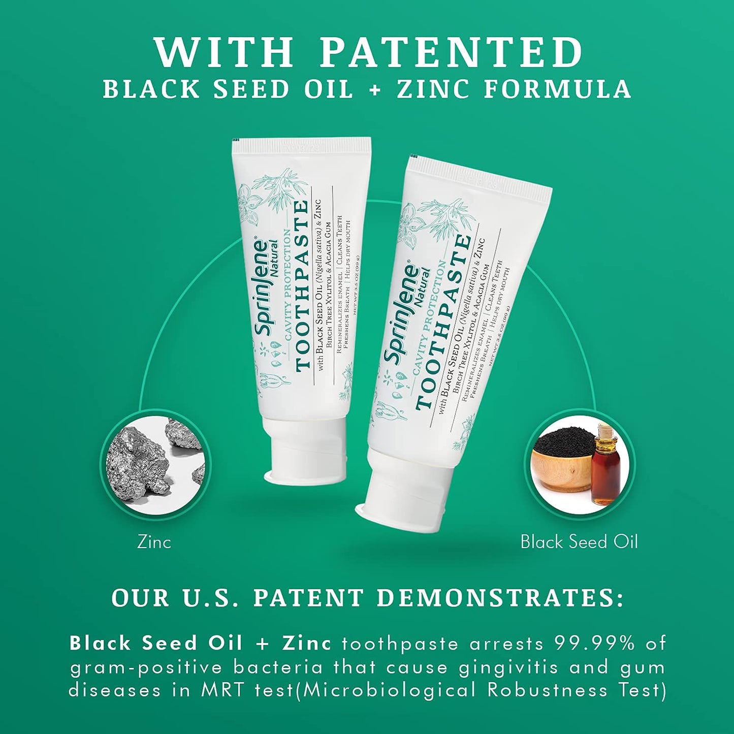 SprinJene Natural Fluoride Toothpaste – Natural Toothpaste for Gum Health & Cavity Protection – Patented Black Seed Oil & Zinc Formula for Healthy Teeth & Gums – Made in The USA (4 Pack)