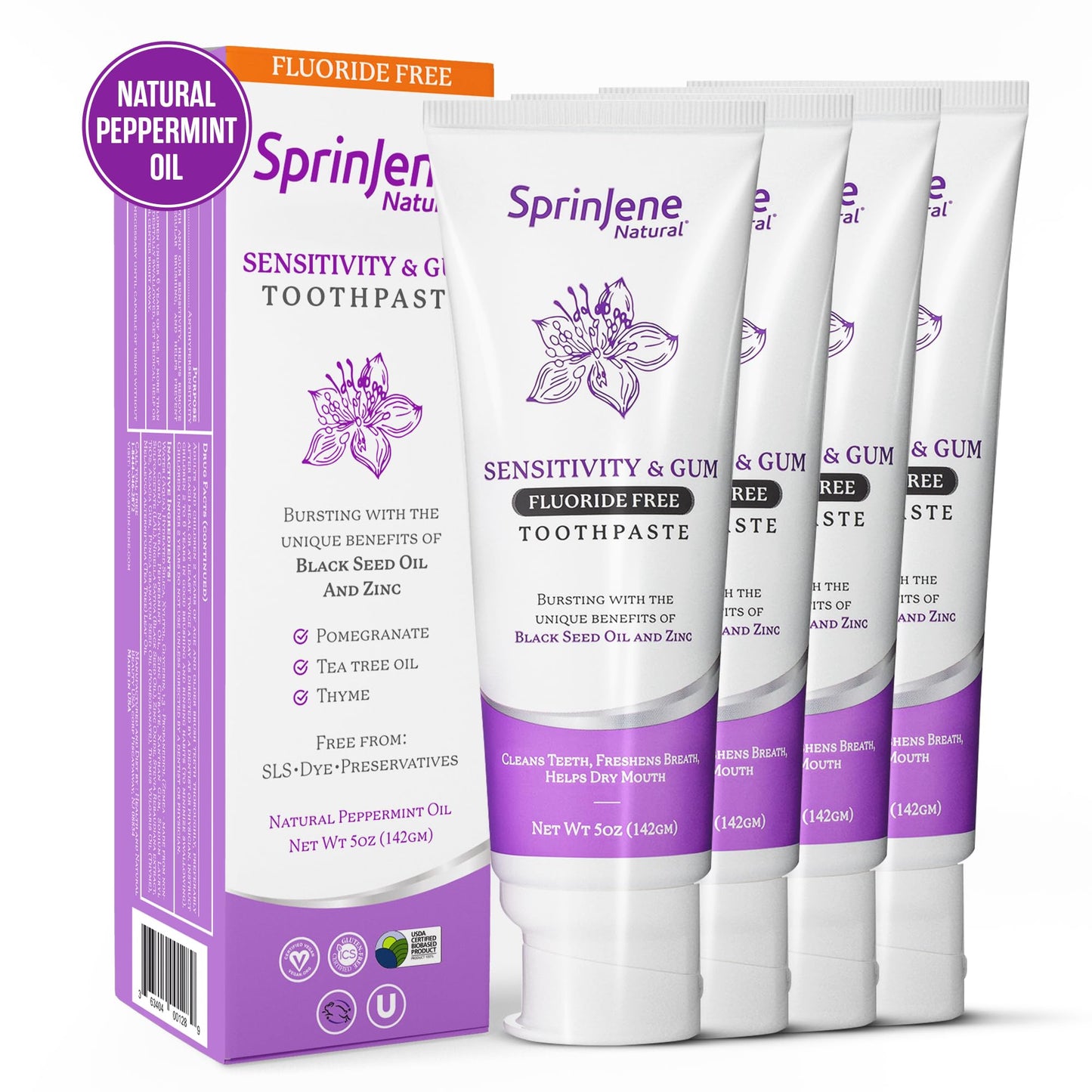 SprinJene Fluoride-Free Toothpaste for Sensitive Teeth & Gums | Black Seed Oil & Zinc | Made in USA