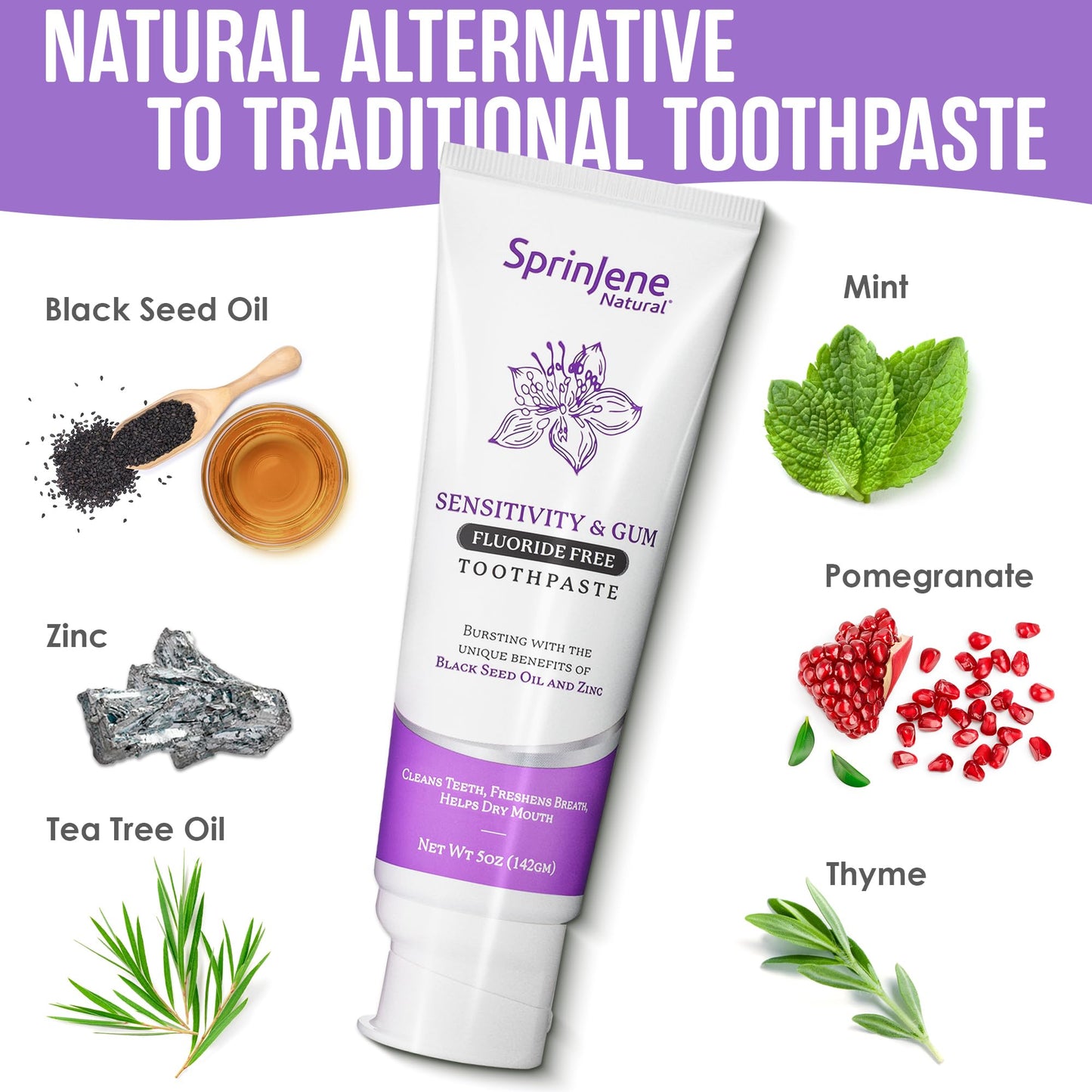 SprinJene Fluoride-Free Toothpaste for Sensitive Teeth & Gums | Black Seed Oil & Zinc | Made in USA
