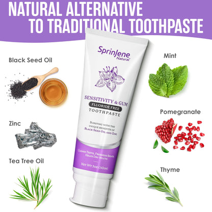 SprinJene Fluoride-Free Toothpaste for Sensitive Teeth & Gums | Black Seed Oil & Zinc | Made in USA