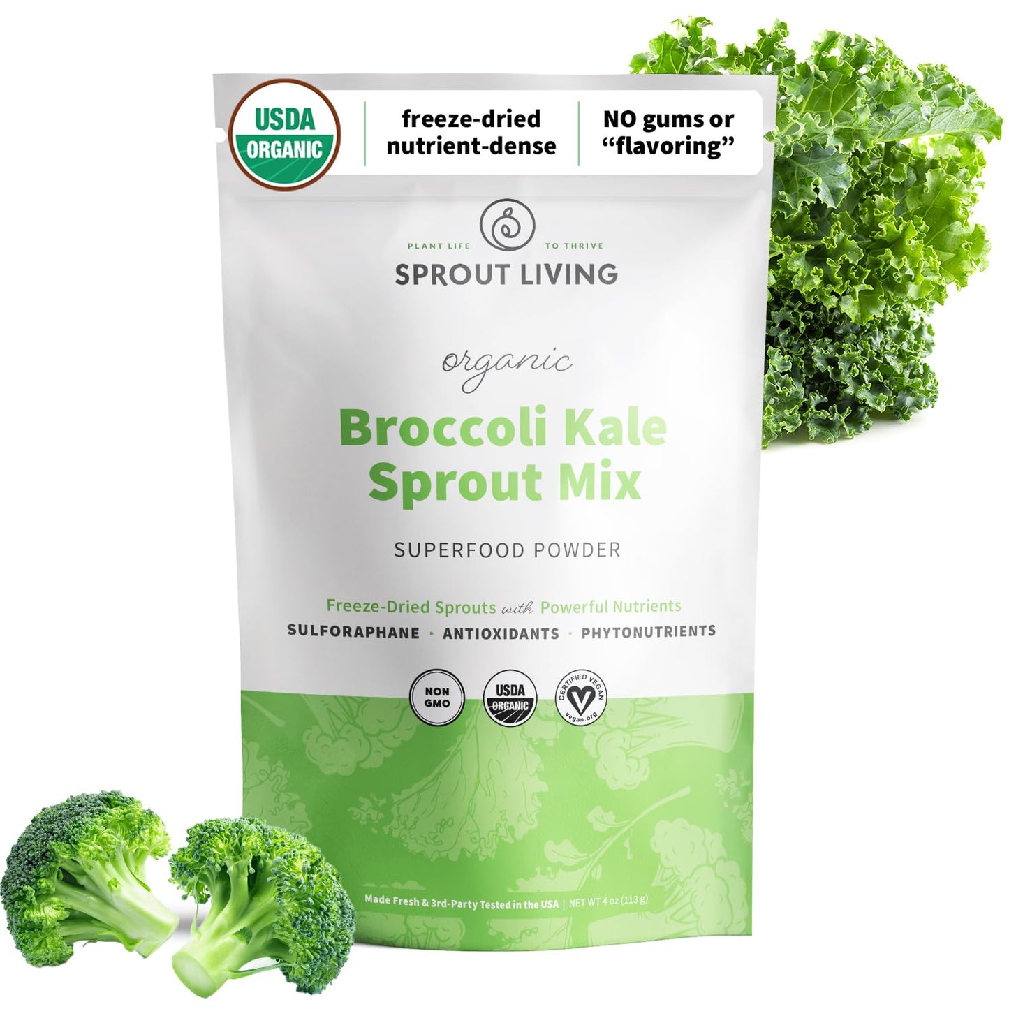 Sprout Living Broccoli & Kale Organic Sprout Mix – Freeze-Dried Green Powder (4 oz, 32 servings)