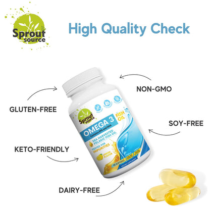 Sprout Source Sea-Harvested Pelagic Omega-3 Fish Oil 1200mg – Heart Health, Brain & Eyes Support – Lemon Flavor, 90-Day Supply, 90 Softgels