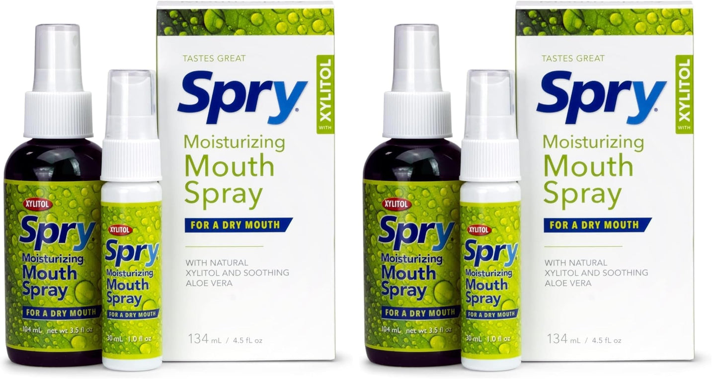 Spry Natural Xylitol Moisturizing Dry Mouth Spray – Stop Bad Breath, Increase Saliva, Non-GMO, Gluten-Free, Spearmint (Pack of 2)
