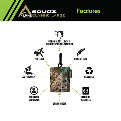 SPUDZ Classic Microfiber Lens Cleaner – Clip-On Pouch, Washable | 10x10 in Alpine Mountain Camo