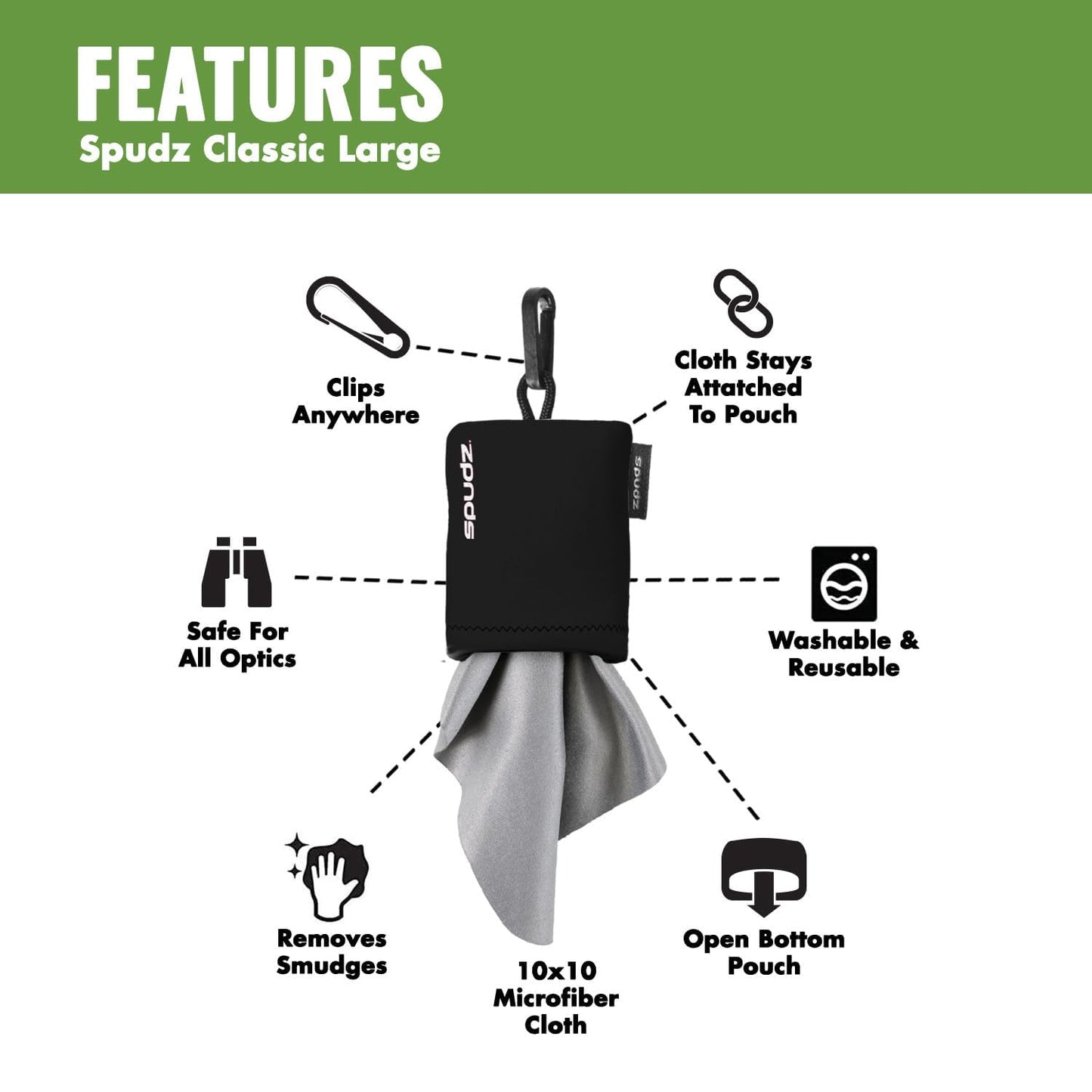 SPUDZ Classic Microfiber Lens Cleaner – Clip-On Pouch (2-Pack) for Binoculars, Glasses