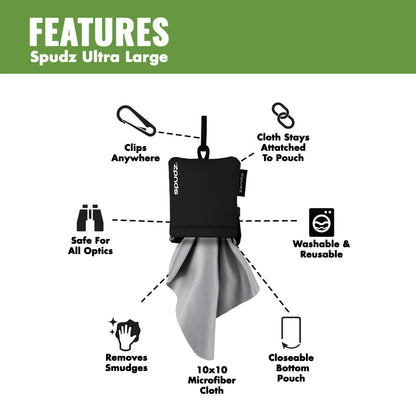 SPUDZ Ultra Microfiber Lens Cloth – Closable Pouch, Clip-On, 10 x 10 in | Optics, Scopes & Glasses