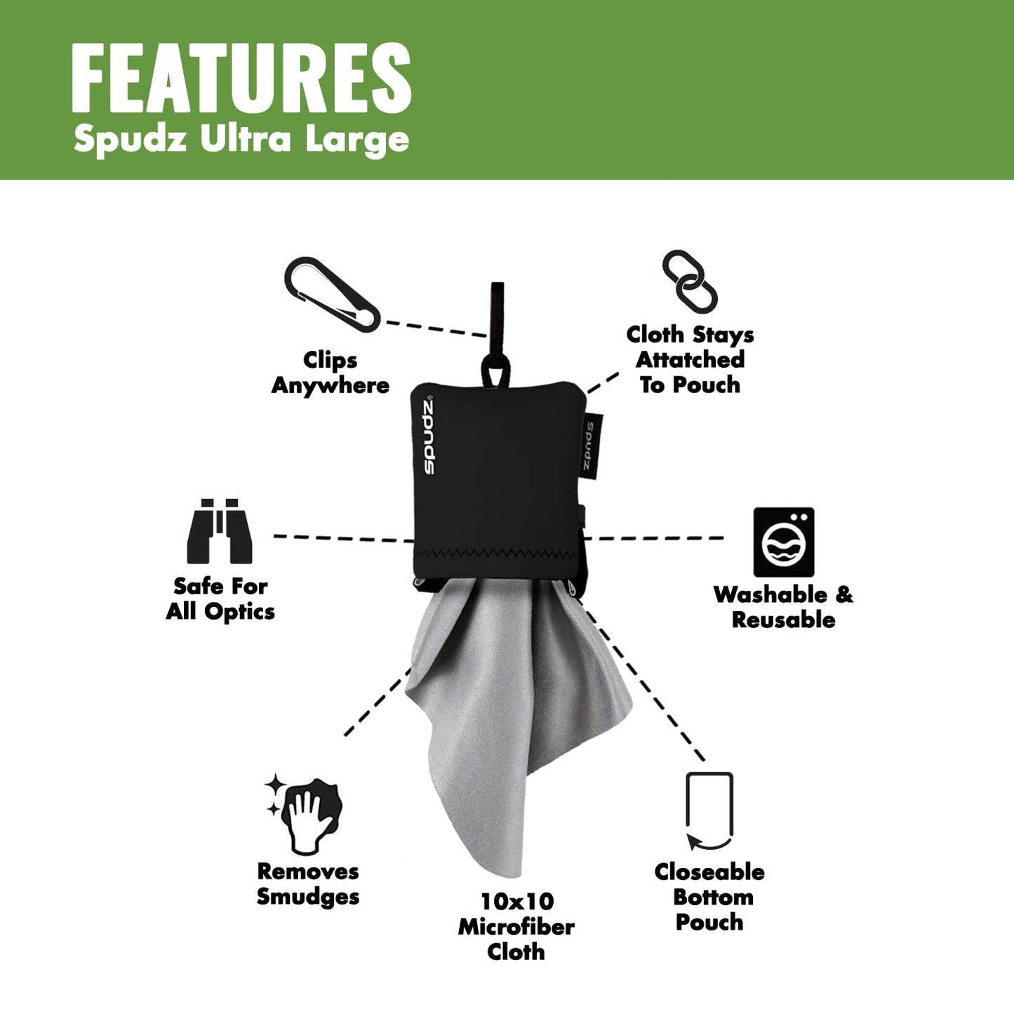 SPUDZ Ultra Microfiber Lens Cleaner – Navy Blue, 10x10 | Clip-On Pouch