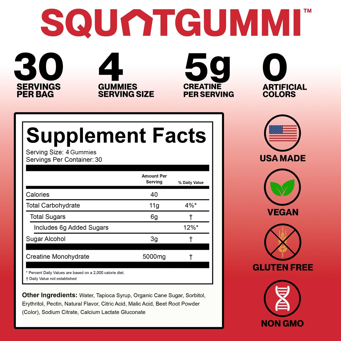 SquatGummi Creatine Monohydrate Gummies – 5g per Serving, Strawberry
