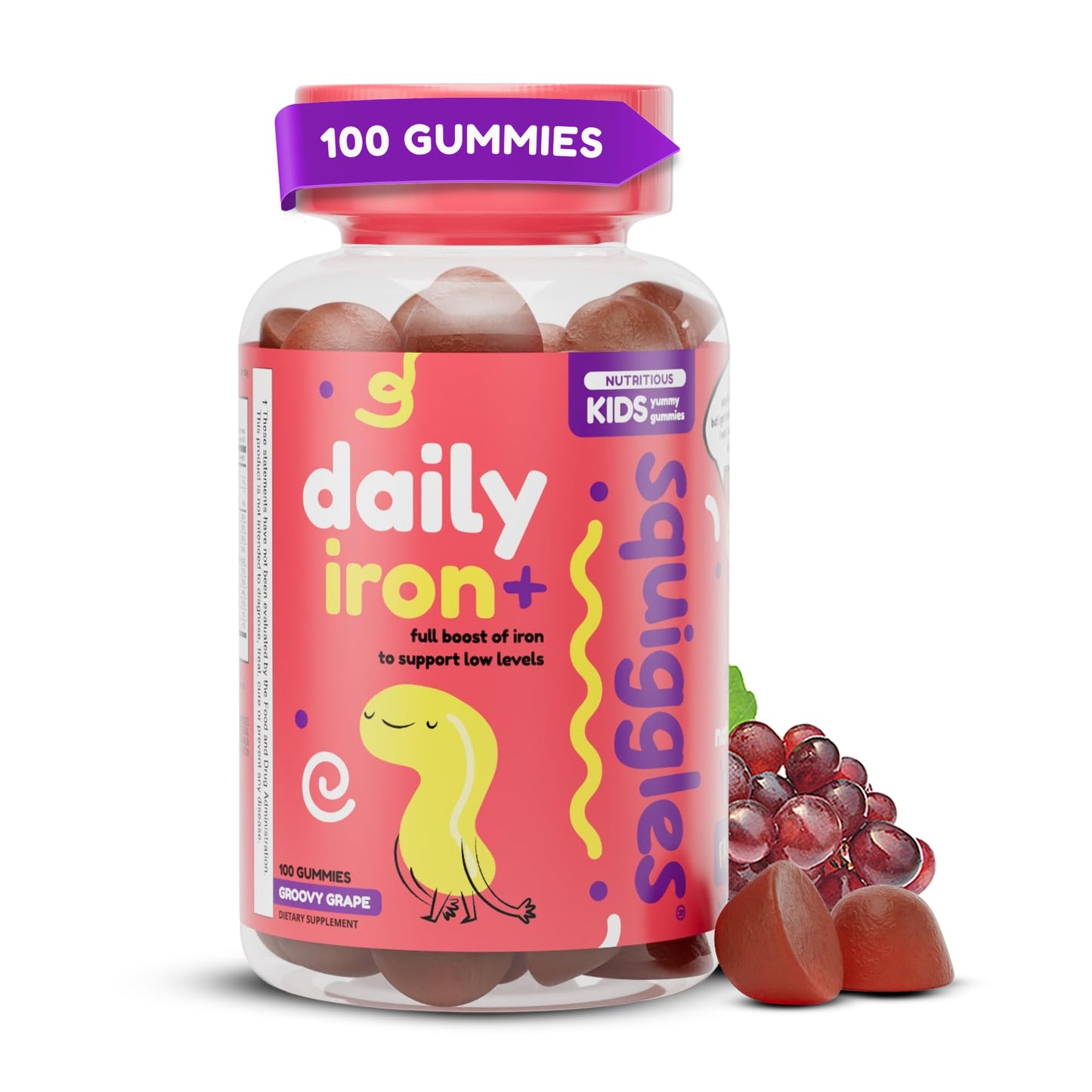 Squiggles Kids Daily Iron+ Gummies — Iron + Multivitamin for Children, Low Sugar, Vegan