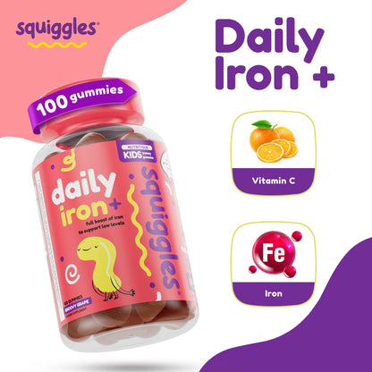 Squiggles Kids Daily Iron+ Gummies — Iron + Multivitamin for Children, Low Sugar, Vegan