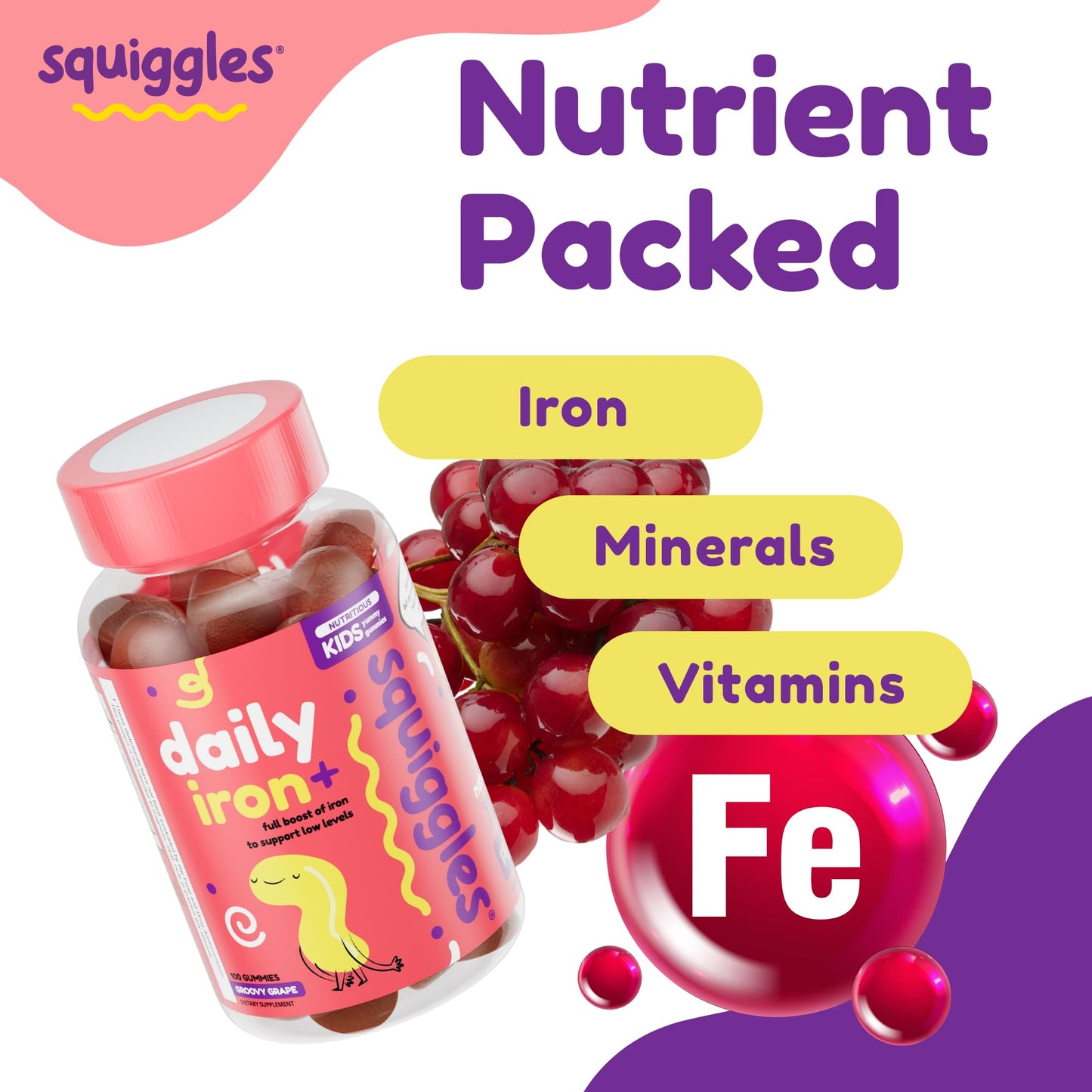 Squiggles Kids Daily Iron+ Gummies — Iron + Multivitamin for Children, Low Sugar, Vegan
