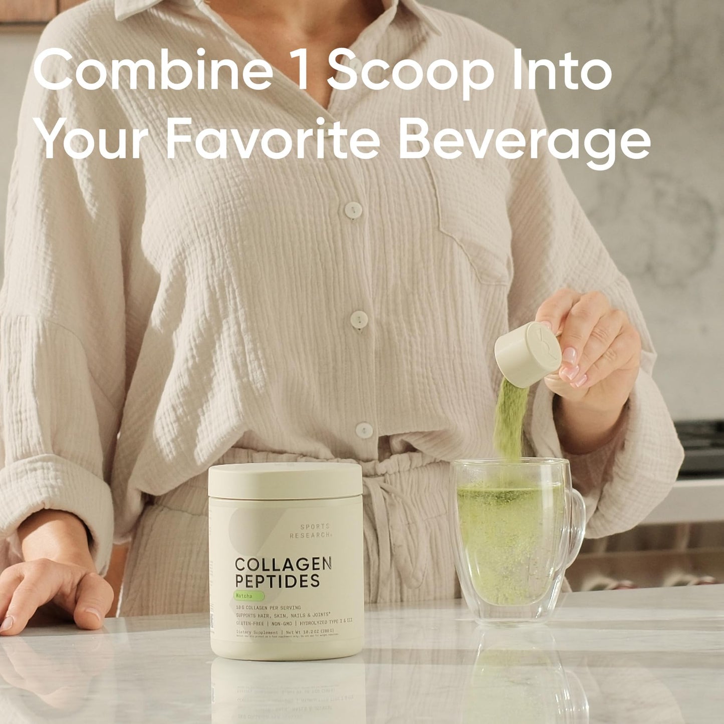 Sports Research Collagen Peptides + Organic Matcha – Gluten Free, Non-GMO
