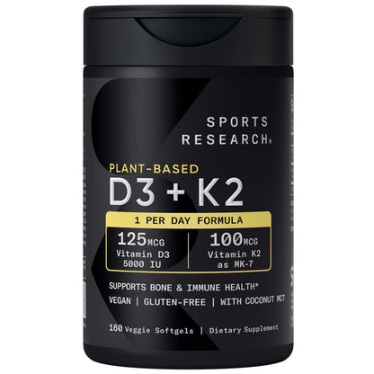 Sports Research Vitamin D3 + K2 5000 IU Plant-Based, Vegan, Non-GMO – MK-7, 160 Softgels