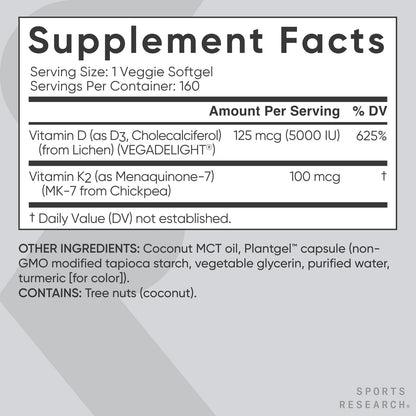 Sports Research Vitamin D3 + K2 5000 IU Plant-Based, Vegan, Non-GMO – MK-7, 160 Softgels