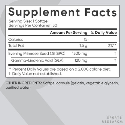 Sports Research Evening Primrose Oil Softgels - High Potency 1300mg (30 Count) | Women’s Health & Skin Health