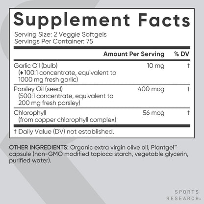 Sports Research Odorless Garlic Oil Pills 1000mg – Parsley & Chlorophyll, Vegan, Non-GMO