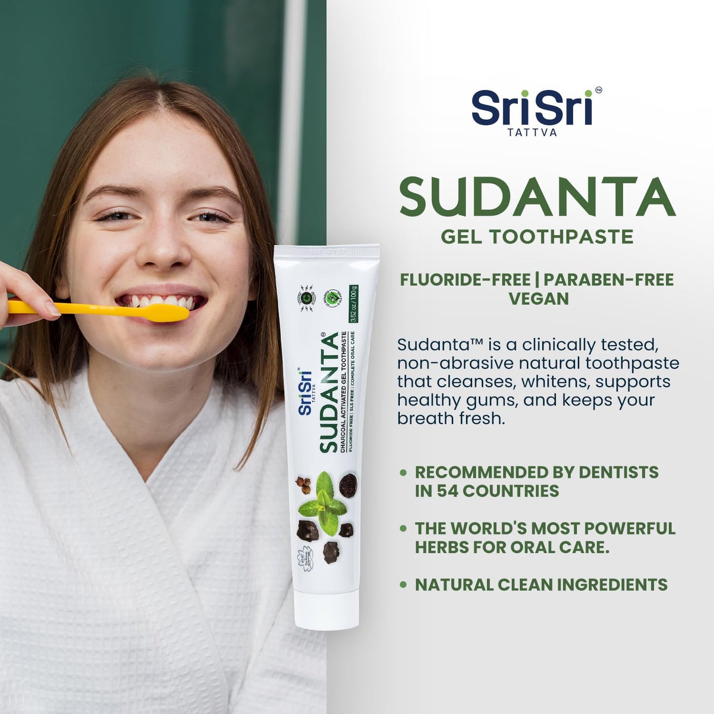 Sri Sri Tattva Sudanta Charcoal Toothpaste Gel – SLS & Fluoride Free Herbal Toothpaste (100g Tube, Pack of 3)