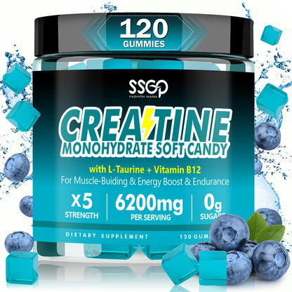 SSGP Creatine Monohydrate Gummies – Blueberry, 120ct with L-Taurine & B12 (Vegan, Sugar-Free)