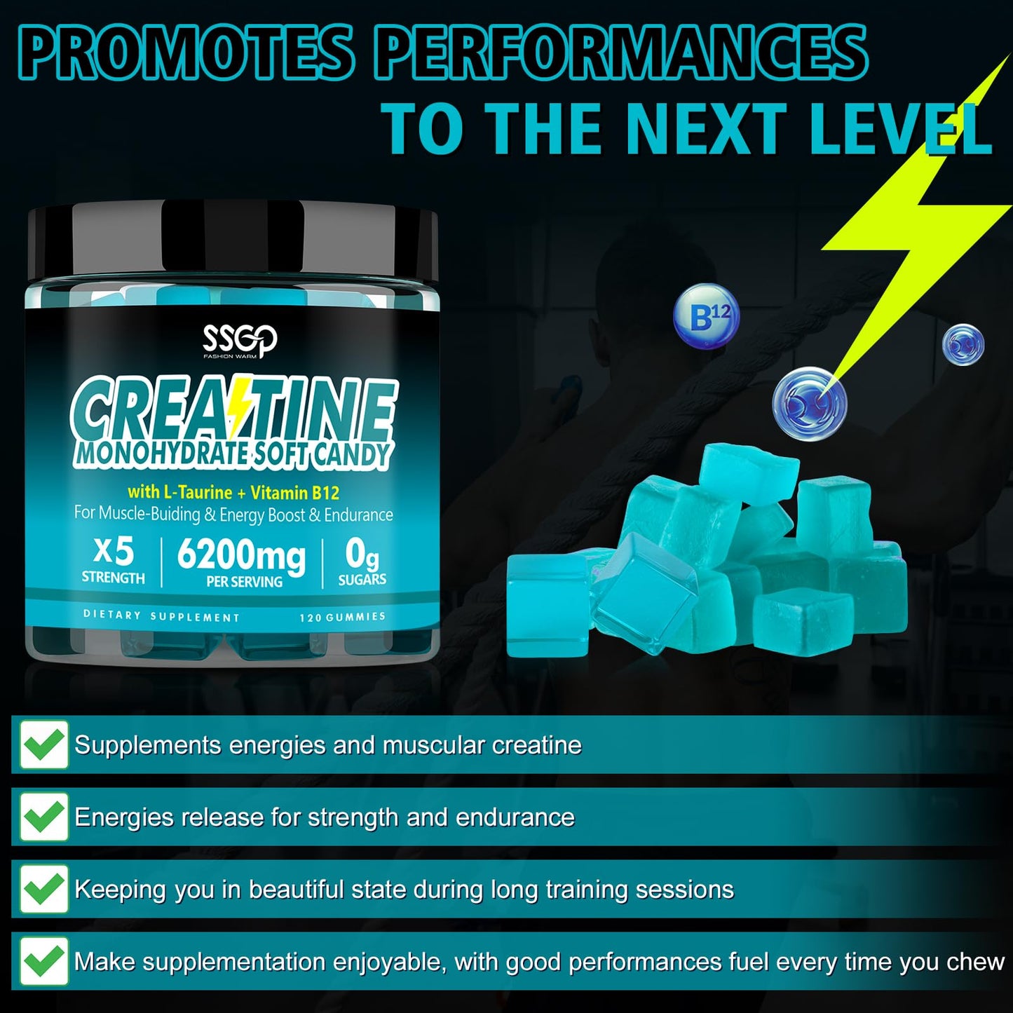 SSGP Creatine Monohydrate Gummies – Blueberry, 120ct with L-Taurine & B12 (Vegan, Sugar-Free)