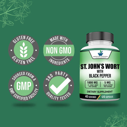 St. John’s Wort 1800mg per Serving + Black Pepper Extract – 120 Vegan Capsules | American Standard Supplements