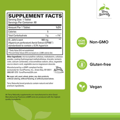 Terry Naturally St John's Wort 900-60 Tablets – Full Clinical Dose (Non-GMO, Vegan, Gluten Free)