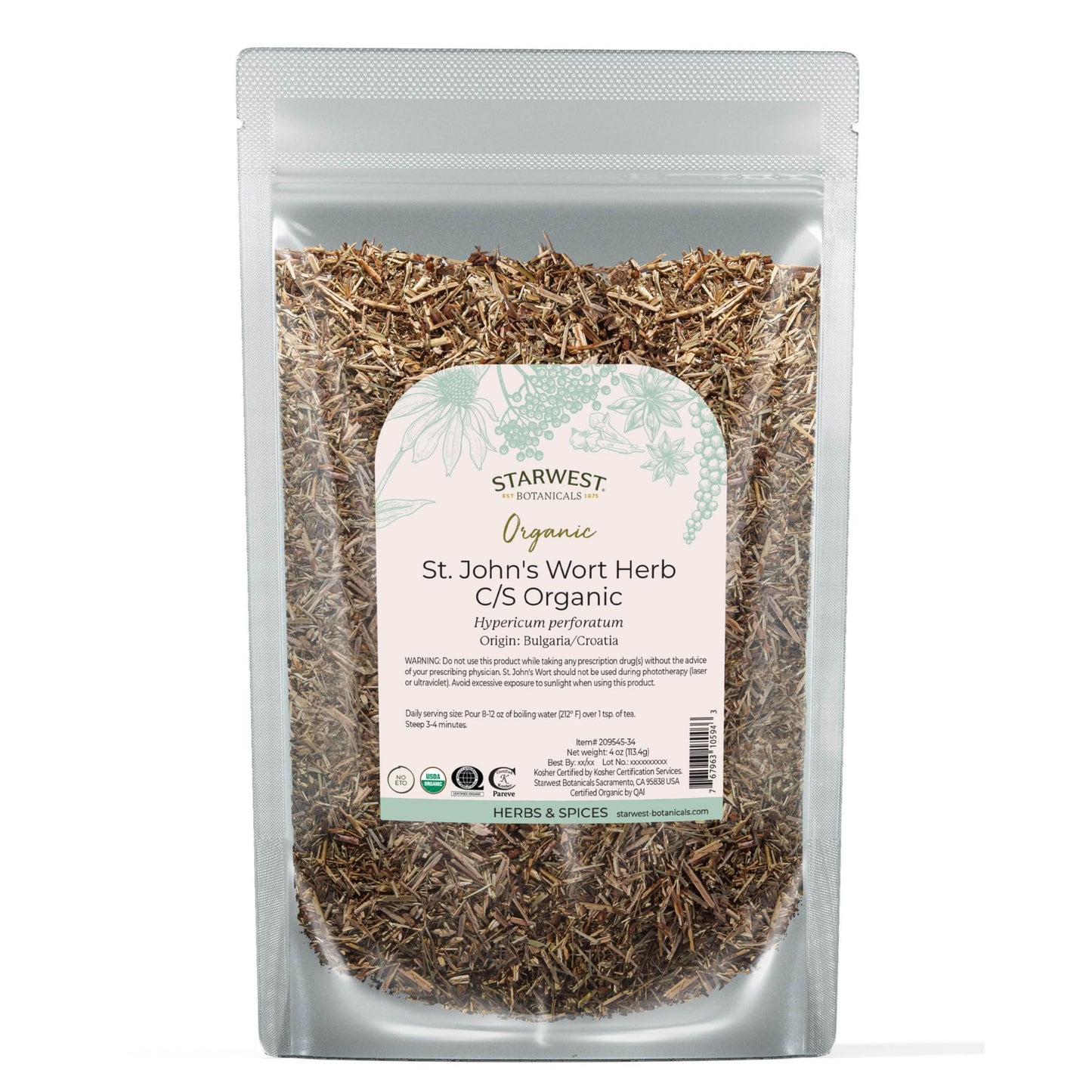 Starwest Organic St. John's Wort - 4 oz Loose Leaf Tea (Kosher, Non-GMO)
