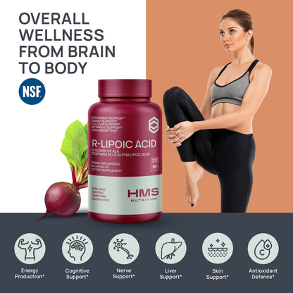 Stabilized R-Lipoic Acid 300mg (R-ALA) – Nerve, Energy & Metabolism Support | NSF Certified, Non-GMO & Vegan, 60 Capsules