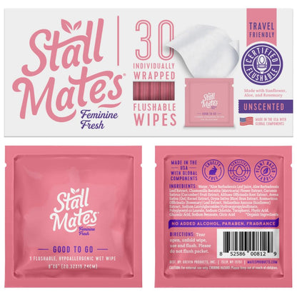 Stall Mates Wipes Feminine Fresh – Flushable, Unscented, PH-Balanced | 30 Travel Singles