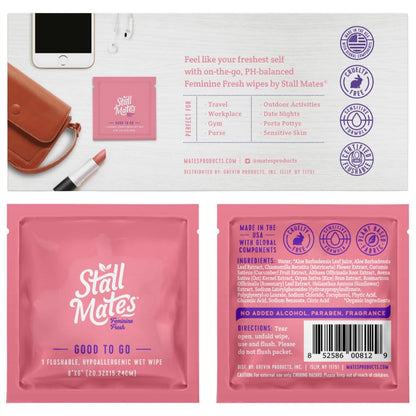 Stall Mates Wipes Feminine Fresh – Flushable, Unscented, PH-Balanced | 30 Travel Singles