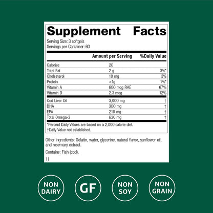 Standard Process Cod Liver Oil – Omega-3, Vitamins A & D for Skin, Eyes & Bone Health