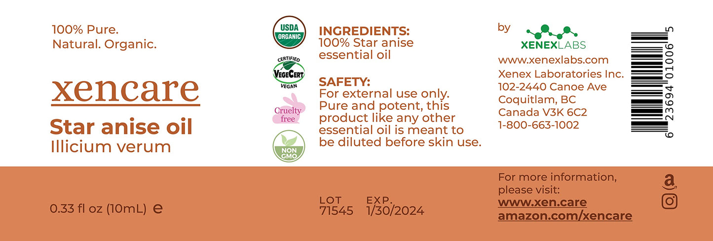 Star Anise Essential Oil – USDA Organic, Food Grade | xencare 10ml (0.33 fl oz) – 100% Pure & Undiluted