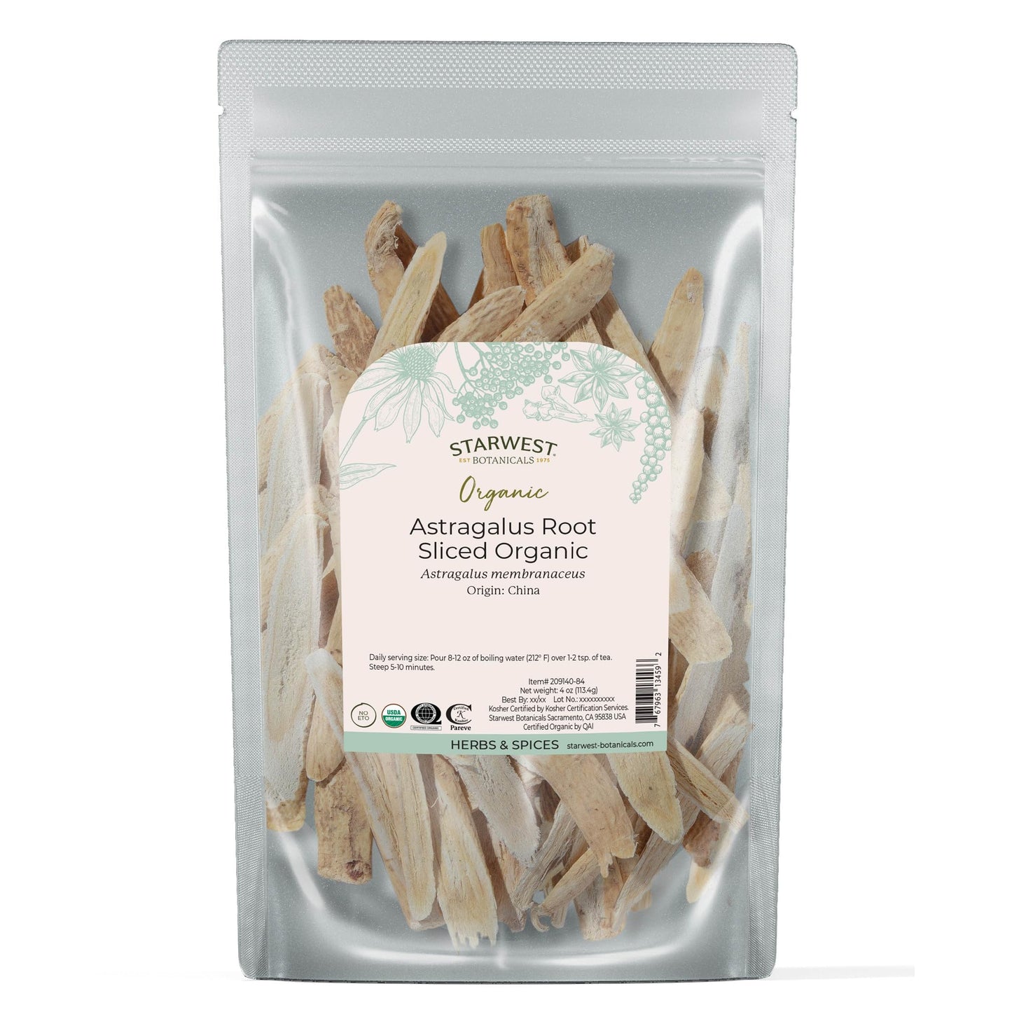 Starwest Botanicals Organic Astragalus Root Sliced – Dried Herb for Tea, Kosher & Non-GMO (4 oz Pouch)