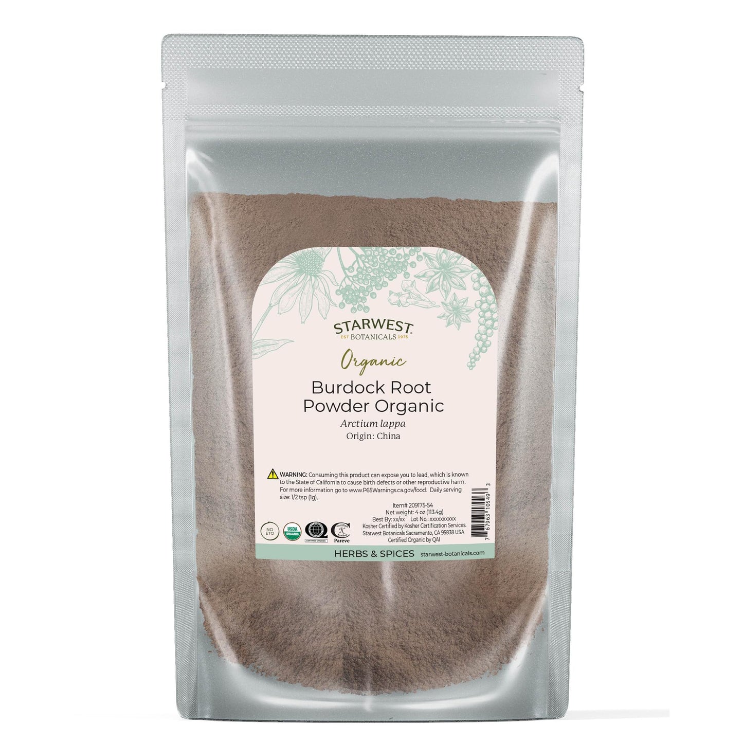 Starwest Burdock Root Powder Organic - 4 oz Pouch | Kosher, Non-GMO