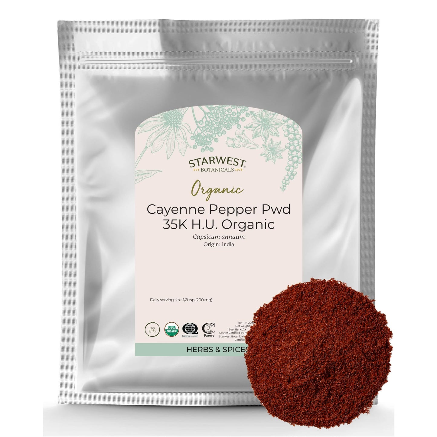 Starwest Organic Cayenne Pepper Powder 35k HU — 1 lb Bulk | Kosher, Non-GMO