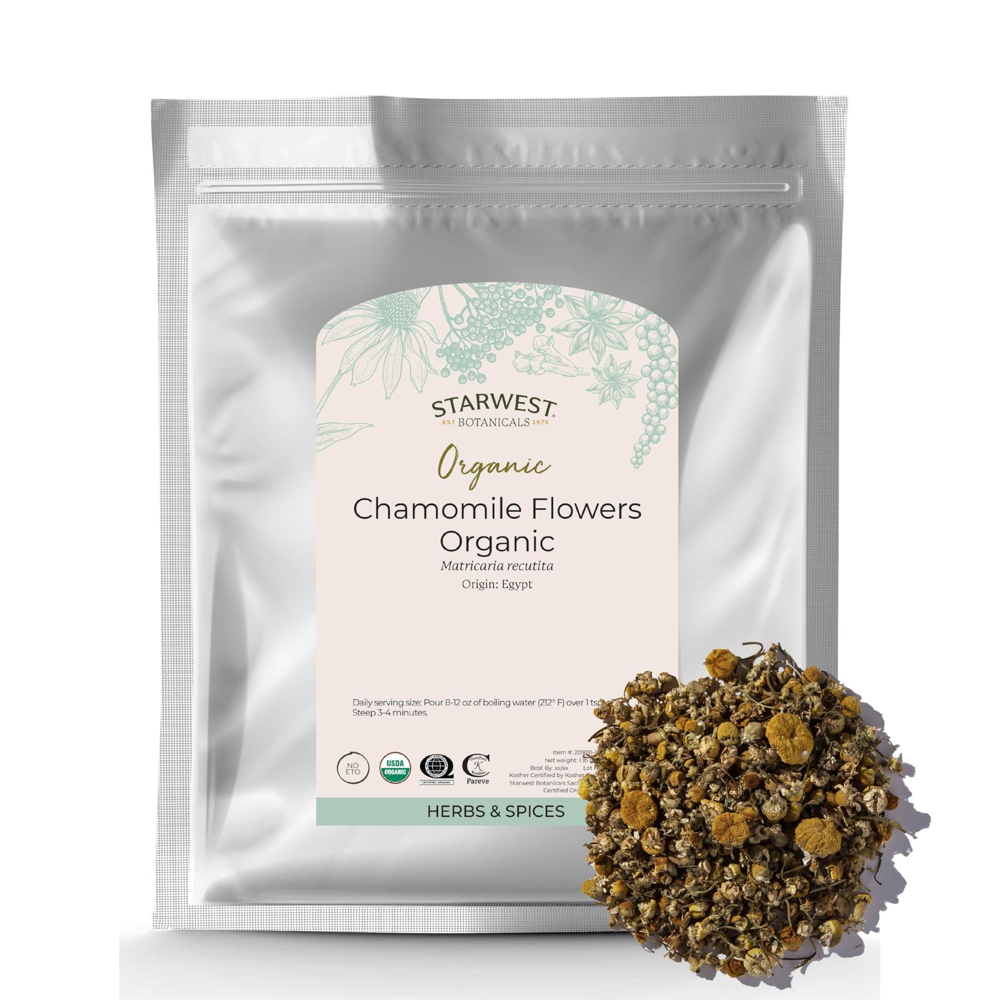 Starwest Botanicals Organic Chamomile Flowers Whole – 1 lb Bag, Kosher, Non-GMO, Egypt Sourced