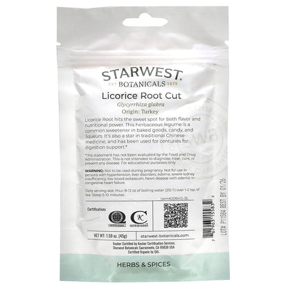 Starwest Botanicals Organic Licorice Root Cut 1.59 oz | Kosher & QAI Certified