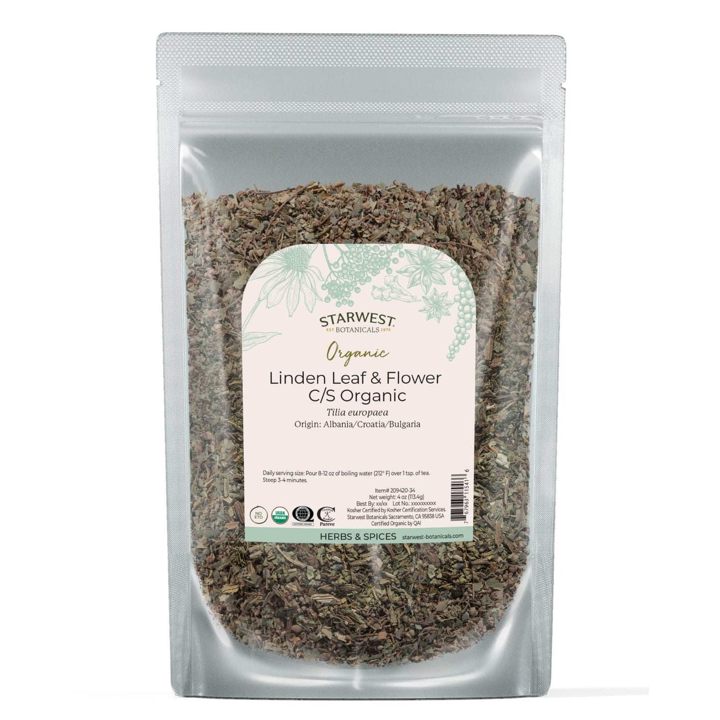 Starwest Linden Leaf & Flowers – Organic Dried Linden Tea, Kosher, Non-GMO, 4 oz