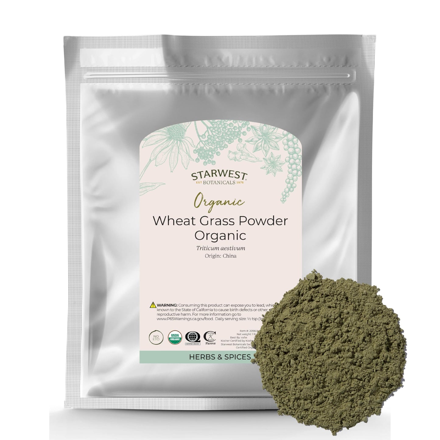 Starwest Botanicals Organic Wheat Grass Powder - 1 lb Bag | Kosher & Non-GMO