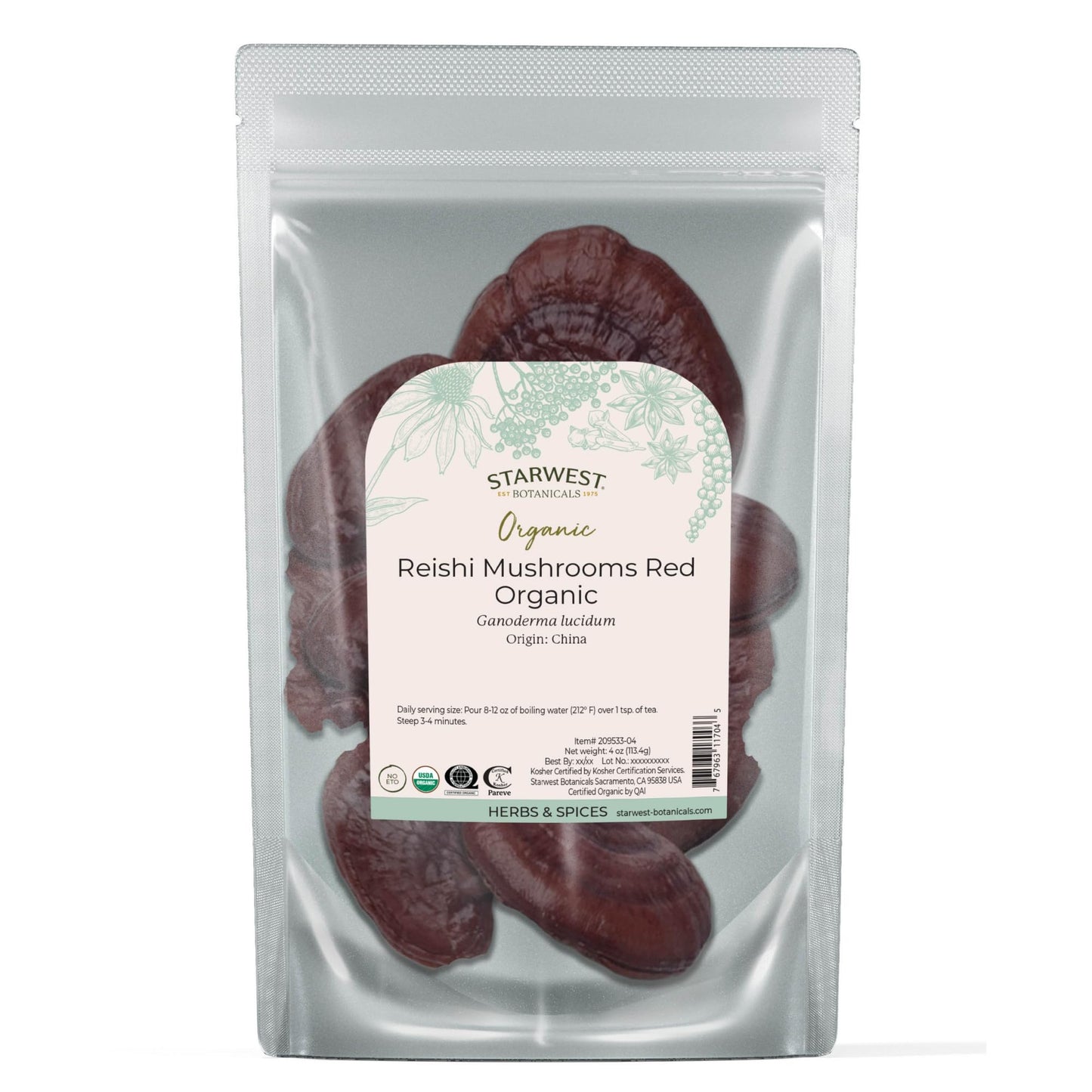 Starwest Botanicals Organic Red Reishi Mushrooms - 4 oz Pouch | Kosher, Non-GMO