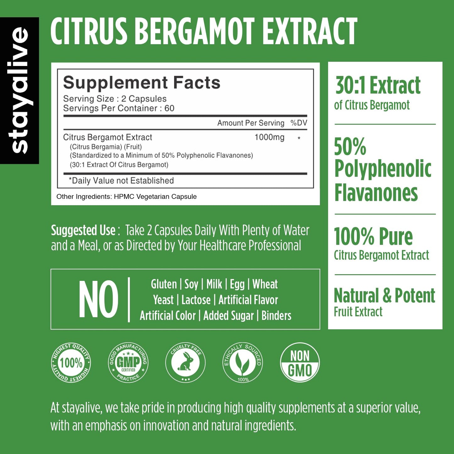 STAY ALIVE Citrus Bergamot 1000mg Capsules - 30:1 Extract, 120 Capsules | Heart Health, Non-GMO, Gluten-Free