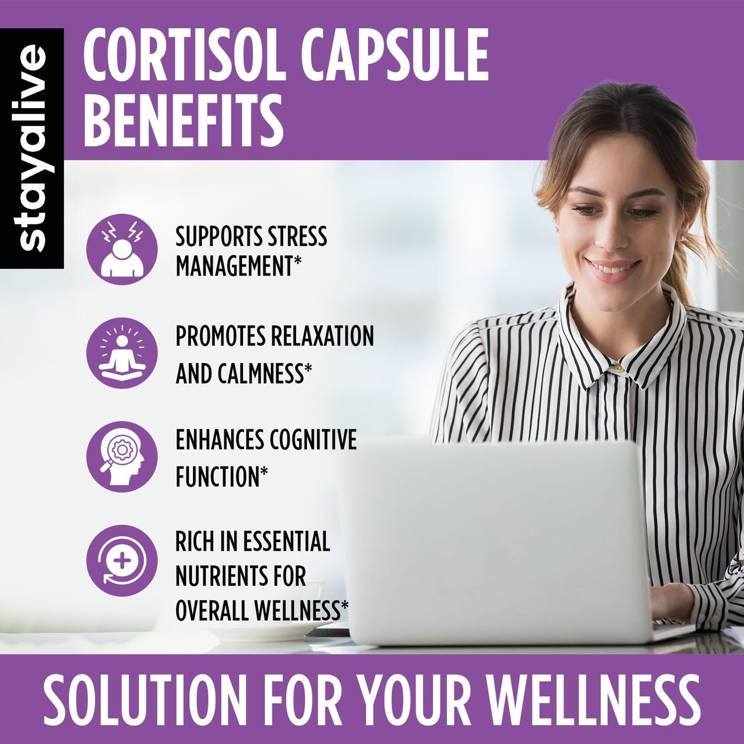 STAY ALIVE: 15-in-1 Cortisol Manager Supplement – 120 Vegan Capsules, Non-GMO & Gluten-Free