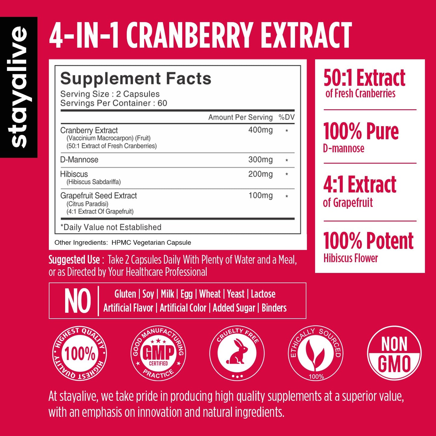 STAY ALIVE Cranberry Pills 1000mg with D-Mannose — Vegan, Non-GMO, Gluten-Free (120 Count)