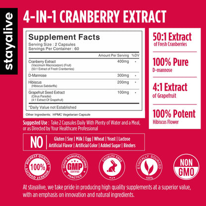 STAY ALIVE Cranberry Pills 1000mg with D-Mannose — Vegan, Non-GMO, Gluten-Free (120 Count)