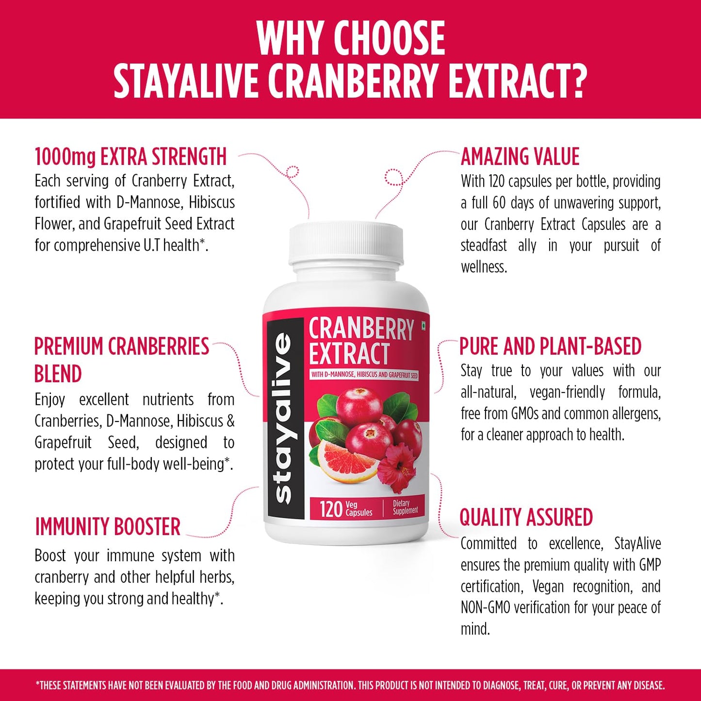 STAY ALIVE Cranberry Pills 1000mg with D-Mannose — Vegan, Non-GMO, Gluten-Free (120 Count)