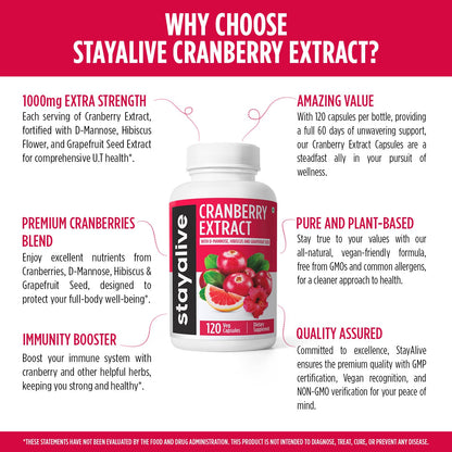 STAY ALIVE Cranberry Pills 1000mg with D-Mannose — Vegan, Non-GMO, Gluten-Free (120 Count)