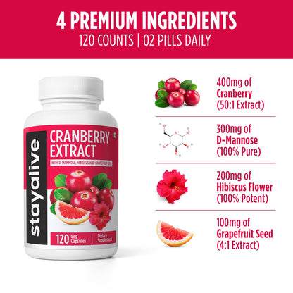 STAY ALIVE Cranberry Pills 1000mg with D-Mannose — Vegan, Non-GMO, Gluten-Free (120 Count)